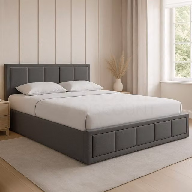 Vida Designs Vanita Upholstered Ottoman Storage Bed Frame in Dark Grey Linen Fabric, Size: Double (140 x 200 cm) – 1