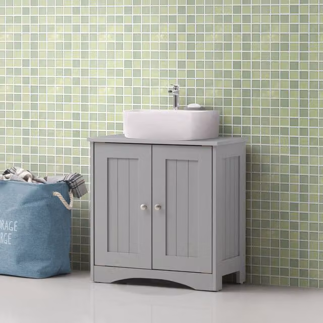 Timber Art Design Grey Modern Freestanding Bathroom Under Sink Cabinet with 2 Hinged Doors and Internal Shelves