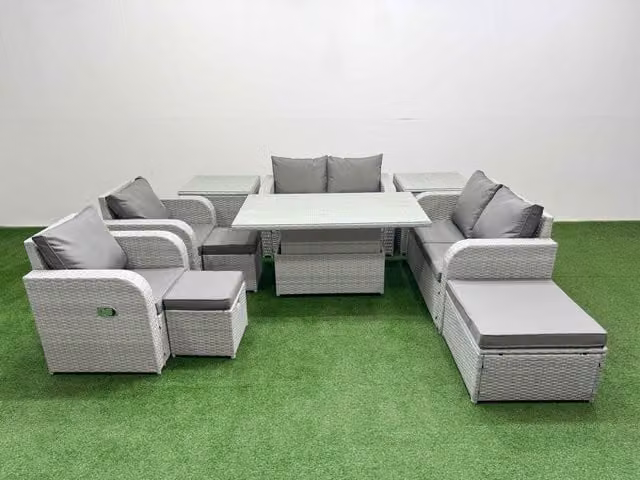Fimous 9 Seater Grey Rattan Garden Furniture Set with Reclining U-Shape Sofa, Adjustable Coffee Table, 3 Stools and 2 Side Tables