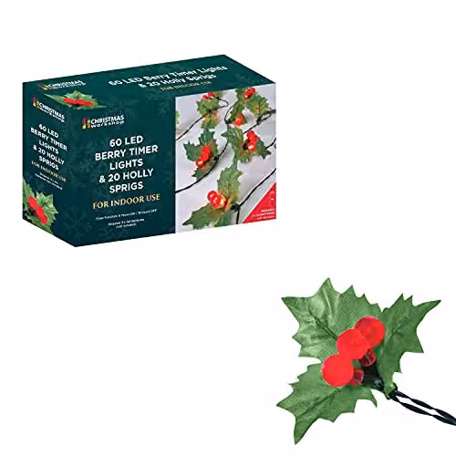 The Christmas Workshop 20 Holly Sprig String Lights with 60 LED Lights in Green, Battery Operated – 6