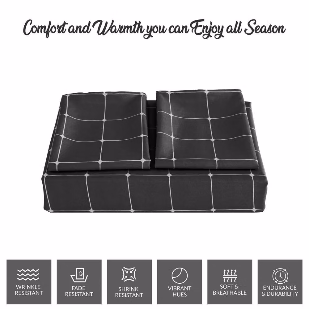 Pamposh Charcoal Grey Checked Microfibre Duvet Cover Set with Matching Pillowcases, W: 180 cm x L: 200 cm – 5