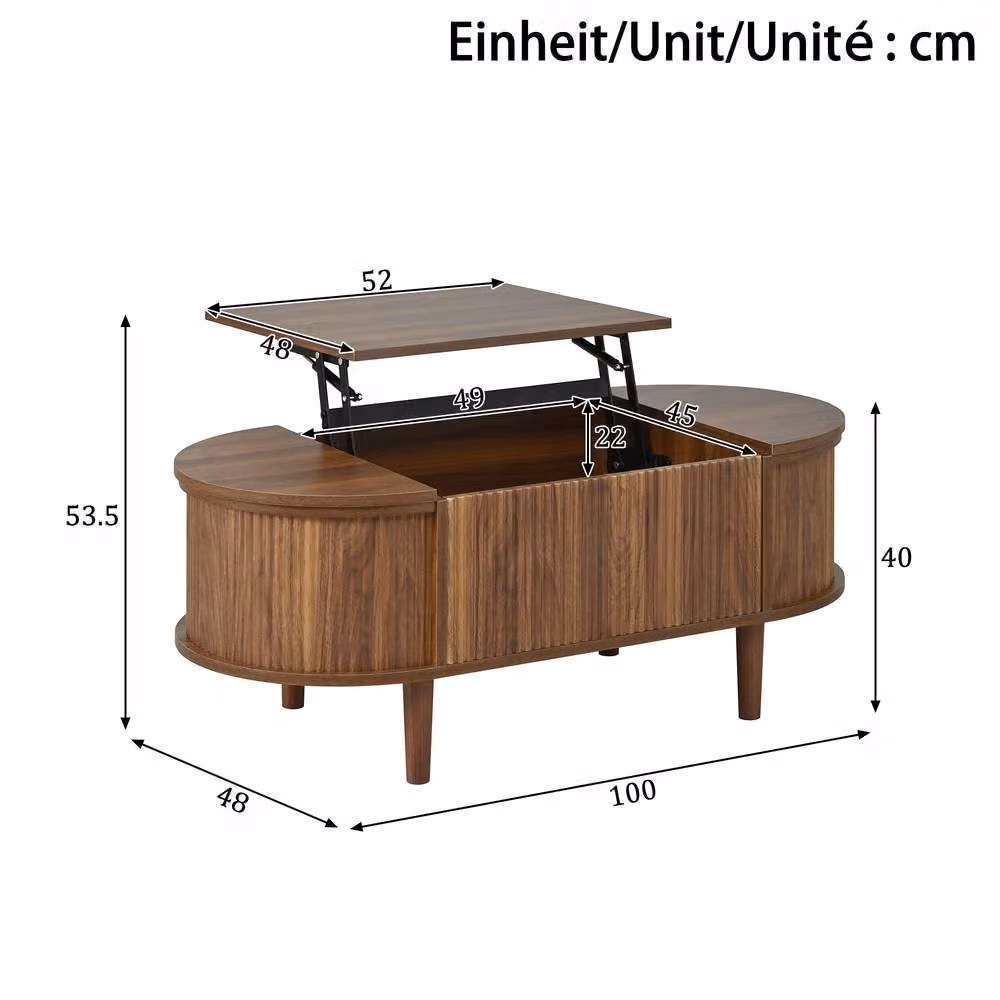 Merax Oval Lift-Top Fluted Coffee Table with Storage in Walnut Brown, W/D/H: 100 x 60 x 48 cm – 2