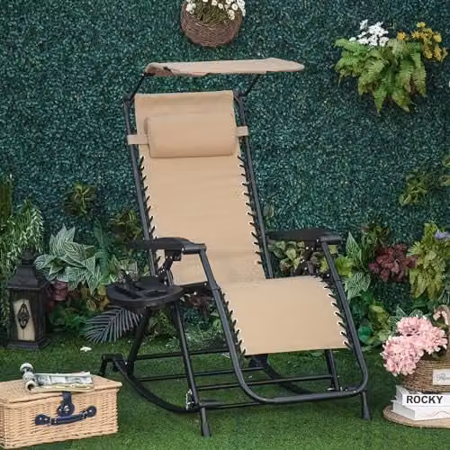 Outsunny Beige Zero-Gravity Folding Recliner with Sun Canopy, Adjustable Headrest and Side Tray – 2