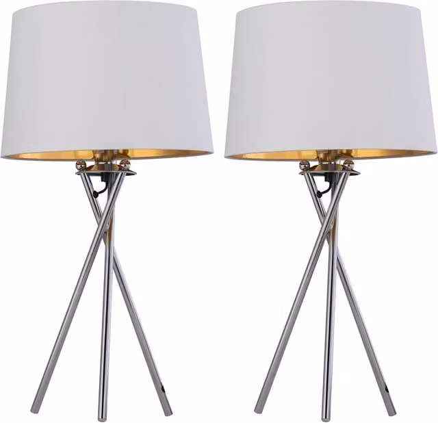 First Choice Lighting Set of 2 Chrome Tripod Lamps with White and Gold Fabric Shades