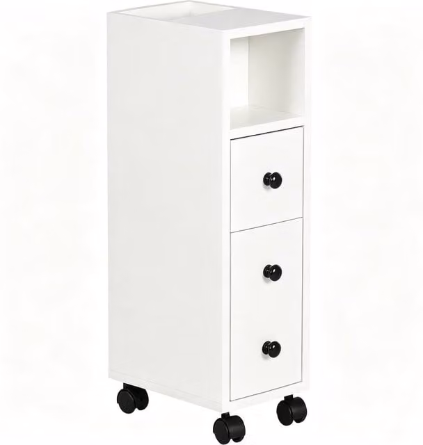 Kleankin Slim White Bathroom Storage Unit with 2 Drawers and 2 Open Shelves on Wheels – 1