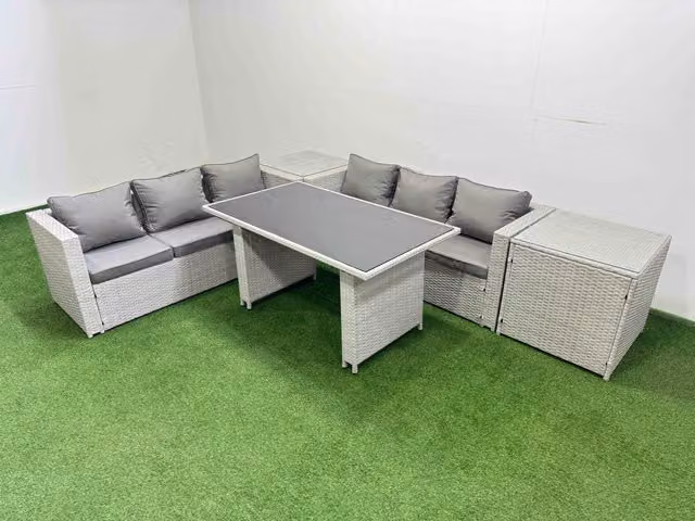 Fimous 6-Seater Patio Rectangular Table and Sofa Set with 2 Side Tables in Light Grey