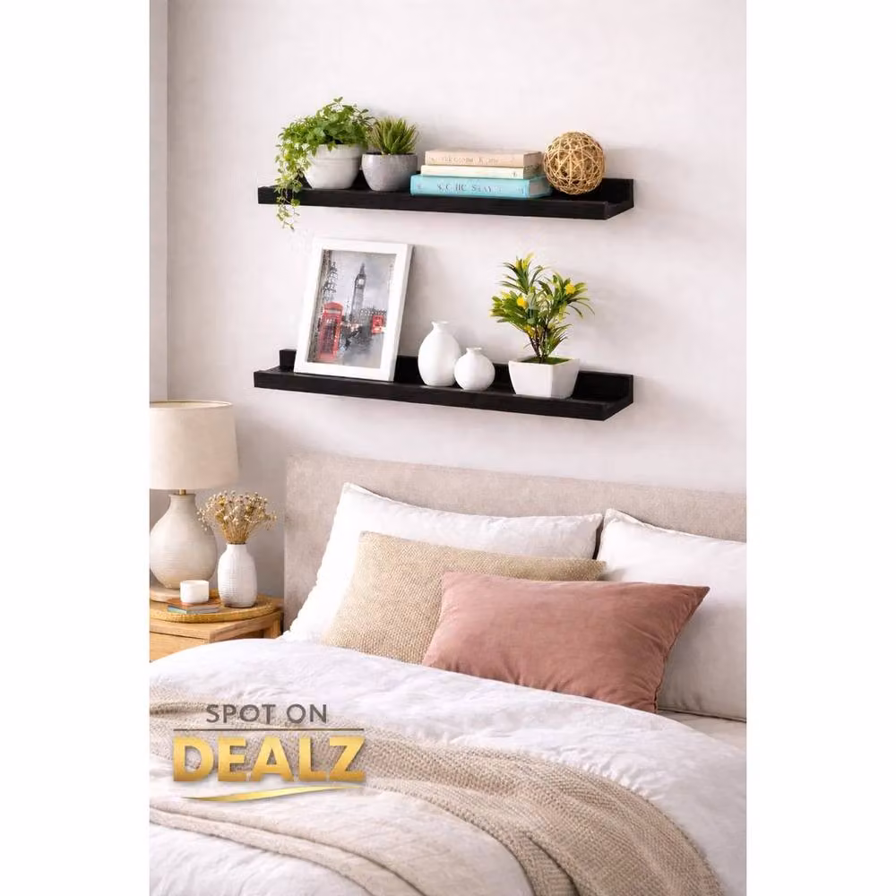 PAWNORA Set of 2 Modern Wall Mounted MDF Shelves in Black, Width: 80 cm – 4