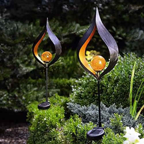 mysmartbuy 2 x Aura Flame Globe Stake Lights, Solar Powered Zen Style Metal LED Outdoor Garden Lights in Black and Gold, H91 x W16.8 x D7.2 cm – 1