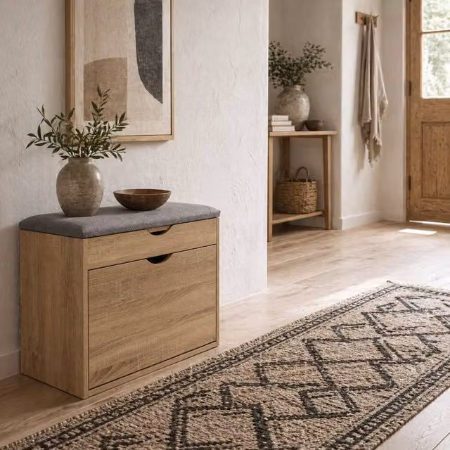 Wyld Haus Zielma Grey and Natural Wood Effect Shoe Bench with Cushioned Fabric Seat