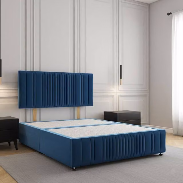 Regional Furnishings Plush Velvet Divan Bed with 24 inch Headboard and Footboard in Blue, Super King, W/D/H: 200 x 200 cm
