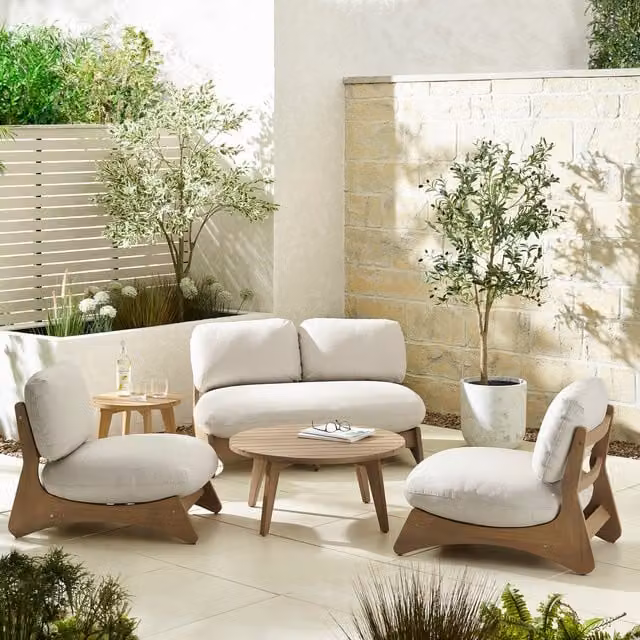 FurnitureboxUK Iko Acacia Wood Garden Set with Sofa, 2 Chairs, Coffee and Side Tables in Natural Beige and Yellow