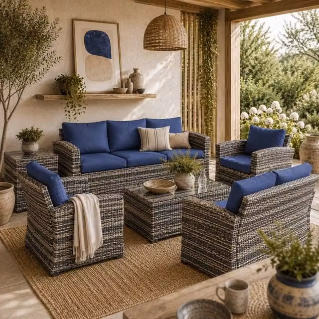 Wyld Haus Resuno 7 Seater Rattan Outdoor Sofa Set with Storage in Grey and Blue