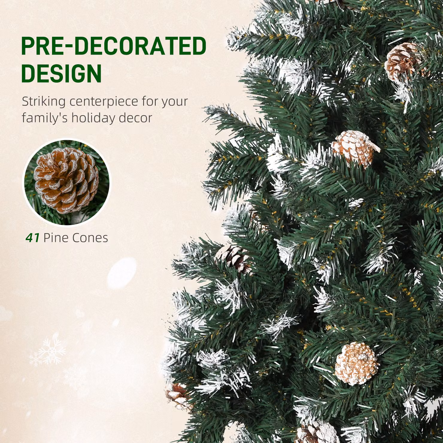 HOMCOM 5ft Artificial Christmas Tree with Pine Cones in Green and White, Height: 152.4 cm – 5