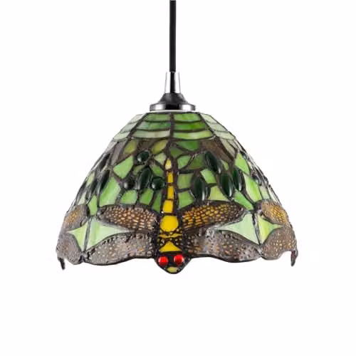 Happy Homewares Vintage Dragonfly Stained Glass Tiffany Dome Pendant Lighting Shade in Green, Red and Yellow, W/D/H: 20 x 14 x 13.5 cm