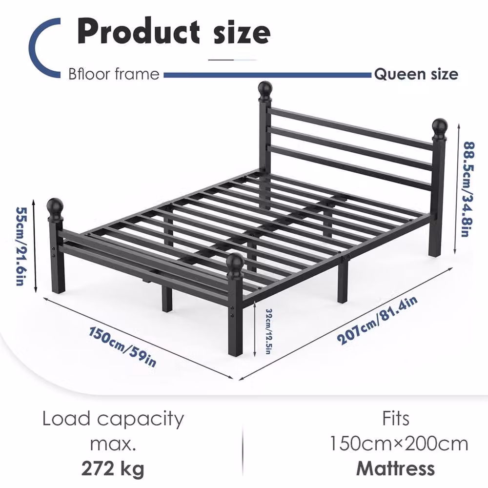 EONLION KING Metal Bed Frame with Headboard and Footboard in Black, 150 x 200 cm – 2