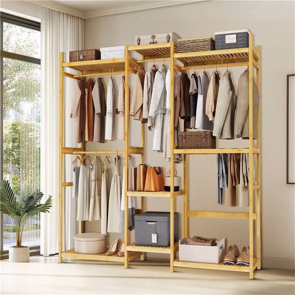 FORGEVIO Bamboo Garment Rail, Brown Lacquered Open Clothes Rack for Hallway Storage, W/D/H: 177.0 x 196.0 x 177.0 cm – 3