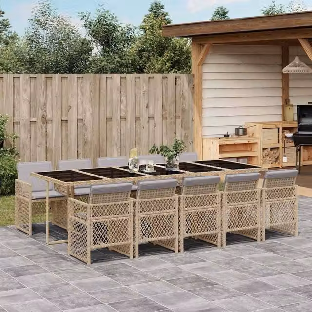 Berkfield 11 Piece Foldable Garden Dining Set in Beige PE Rattan – 1
