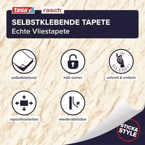 Rasch Self-Adhesive Abstract Marble Look Non-Woven Wallpaper in White, Brown, Gold and Beige – 2