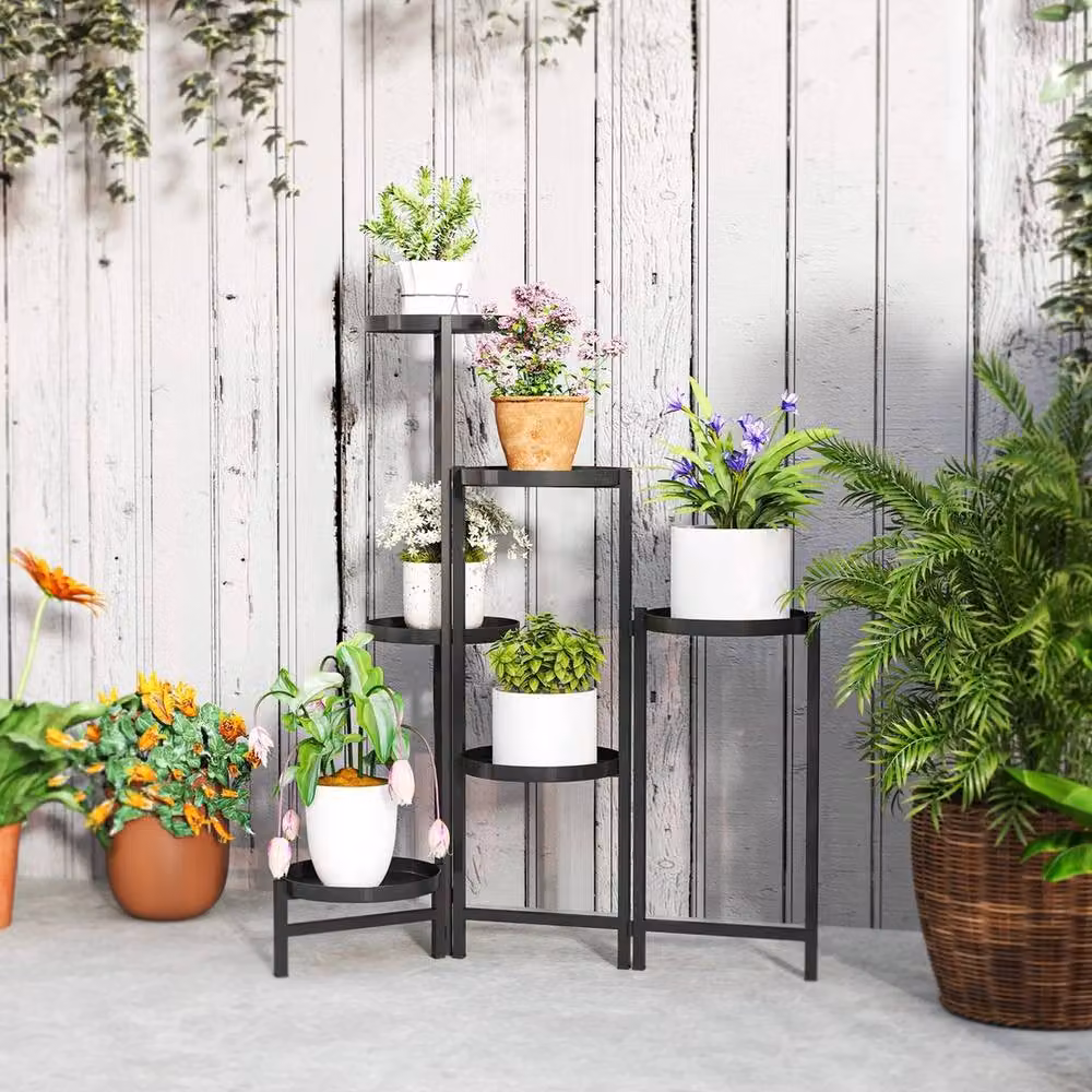 FORGEVIO 3 Tier Foldable Corner Plant Stand in Matt Black Metal for Indoor and Outdoor Use – 3