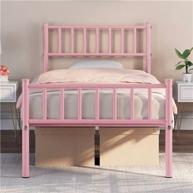 KORVIXA Single Metal Bed Frame with Slatted Headboard and Footboard in Pink, W/D/H: 90 x 190 cm
