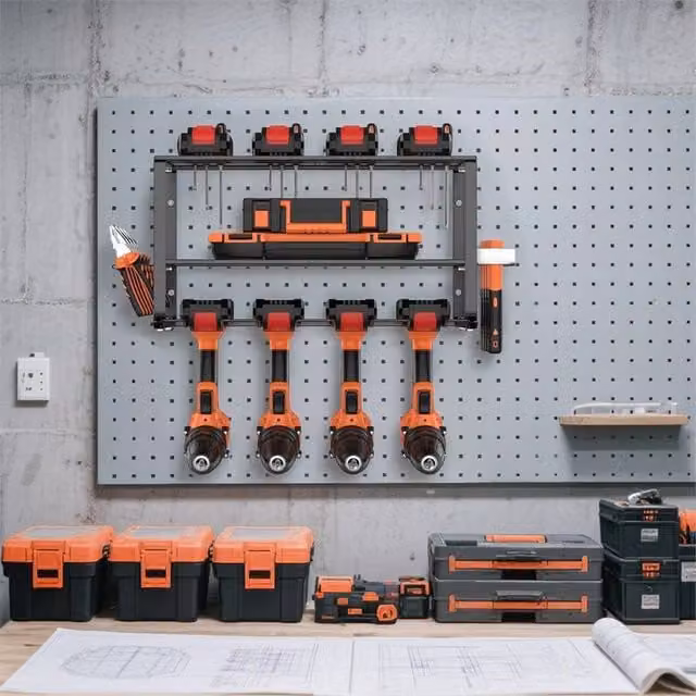 SPETLEK 3 Layer Wall Mounted Power Tool Storage Shelf and Drill Holder in Black