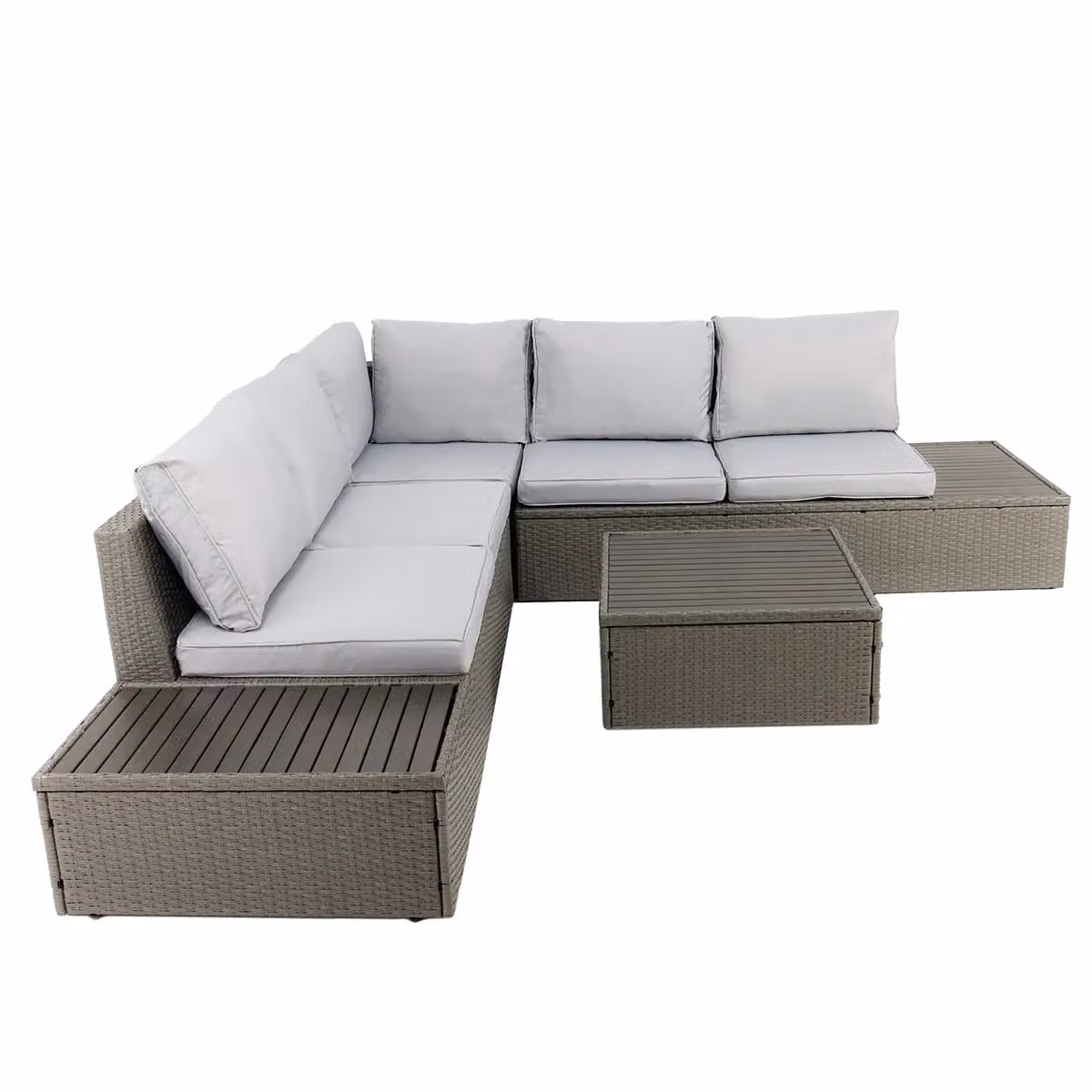 Charles Bentley Grey Rattan and Polywood L-Shape Corner Lounge Set with Cushions and Ottoman – 1
