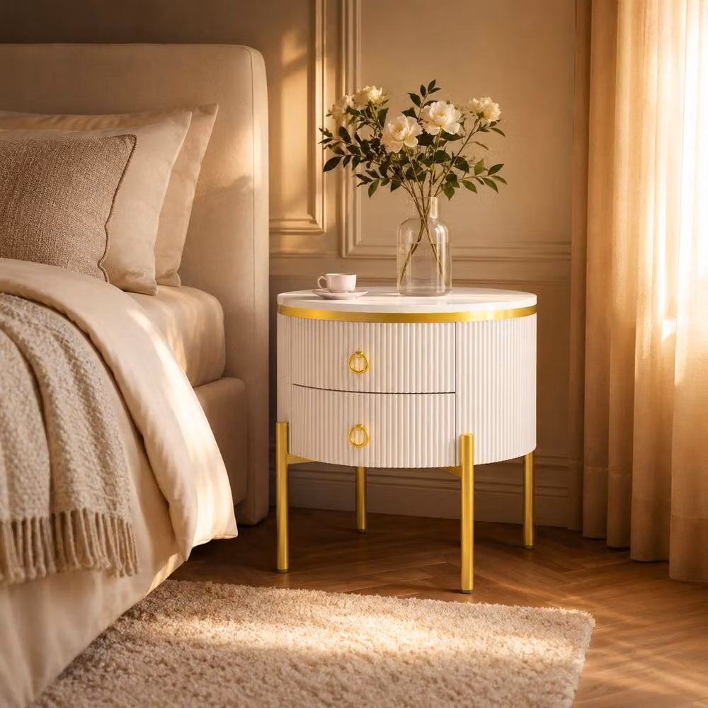 Merax Round Marble-Effect Sofa Side Table with 2 Drawers in White and Gold – 3