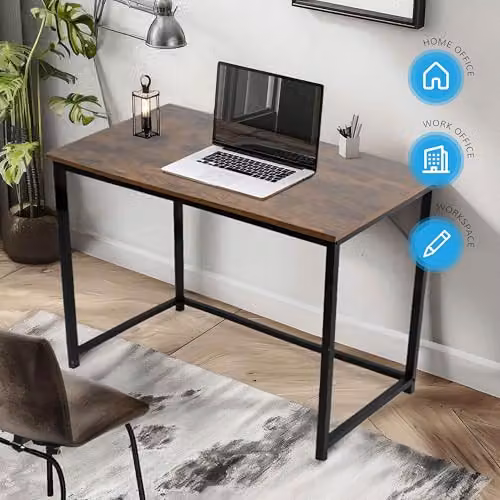 House of Home Rustic Computer Desk with Dark Brown Wood Effect Top and Black Metal Frame, W: 80 cm, D: 50 cm, H: 76 cm – 2