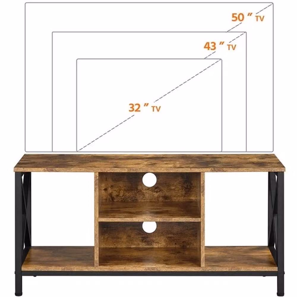 EONLION Industrial TV Cabinet with X-Shape Design and Storage Shelves in Brown and Black – 6