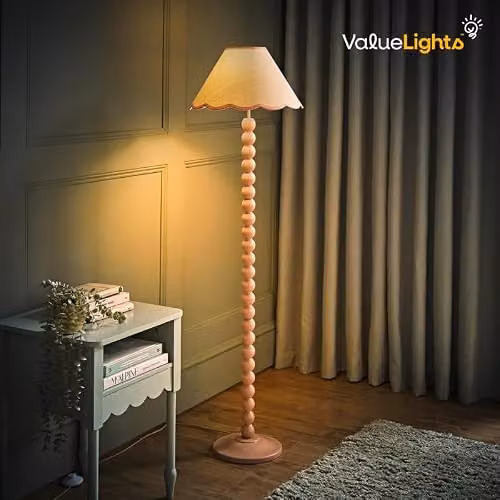 ValueLights Rose Pink Bobbin Stem Floor Lamp with Blue and Multicolour Fabric Scallop Shade – 2
