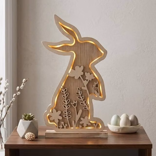 Garden Greatness Rustic Wooden Standing Light Up Bunny in Beige and Multicolour