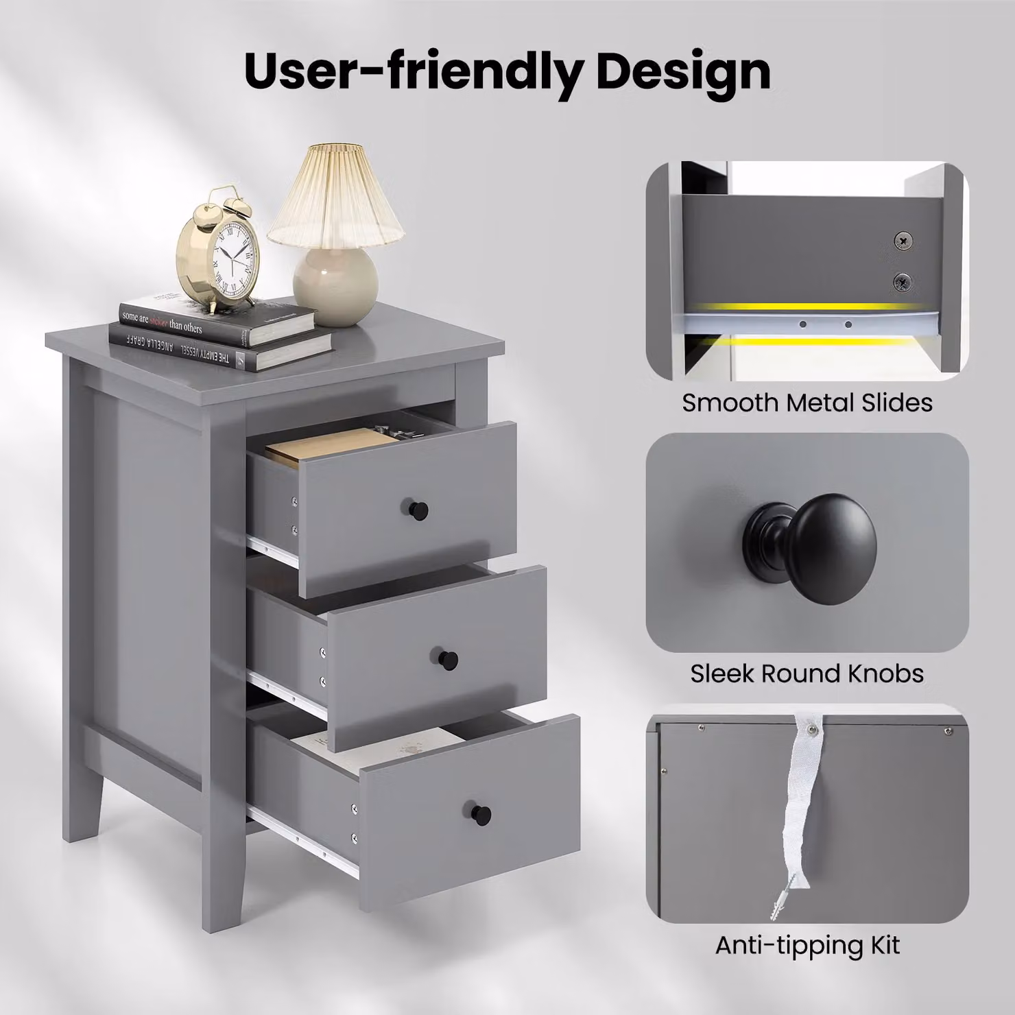 Gymax 3-Drawer Wooden Bedside Table and Nightstand in Grey – 3