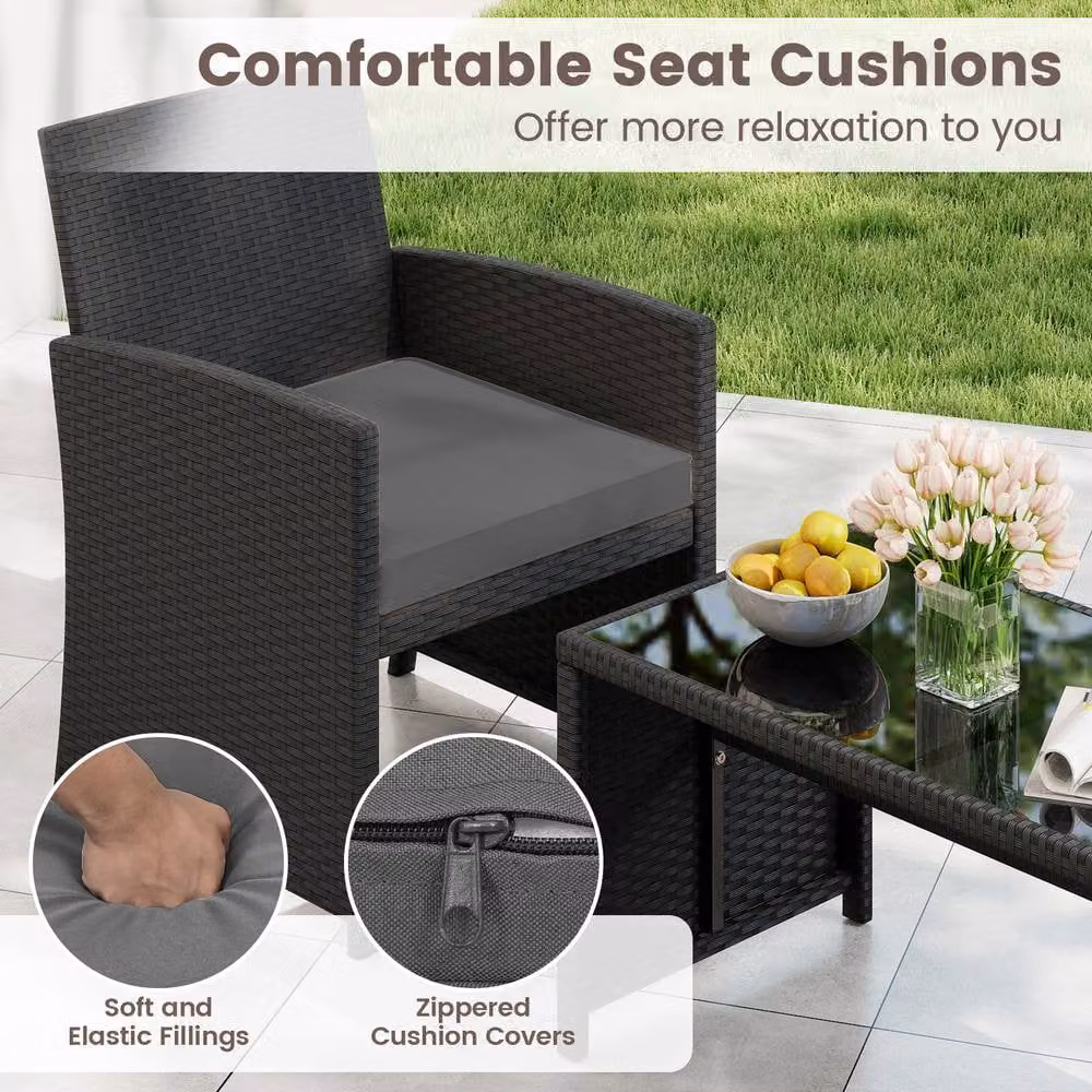 Costway 4-Piece Grey Polyrattan Patio Conversation Set with Upholstered Cushions and Coffee Table – 6