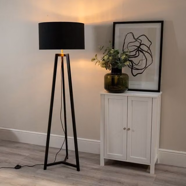 ValueLights Lottie Black Wood Tripod Floor Lamp with Black and Gold Cylinder Fabric Shade, H 148 cm x W 45 cm x D 45 cm
