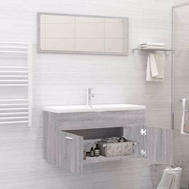 Berkfield Home Practical 2 Piece Modern Bathroom Furniture Set in Grey Matt, including Vanity Unit and Mirror Cabinet