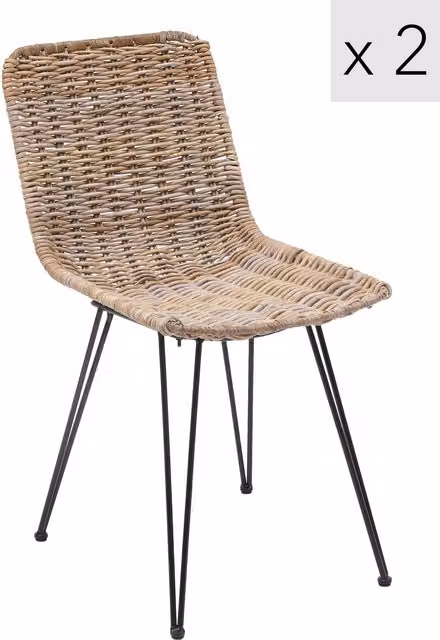 Nordlys Set of 2 Modern Metal and Natural Fiber Dining Chairs in Brown and Black