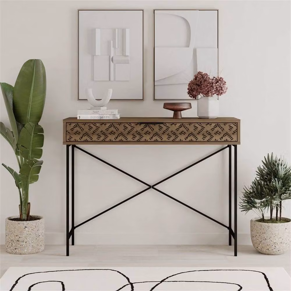 Nordara Brown Slim Console Table with Drawer and Metal Legs – 4