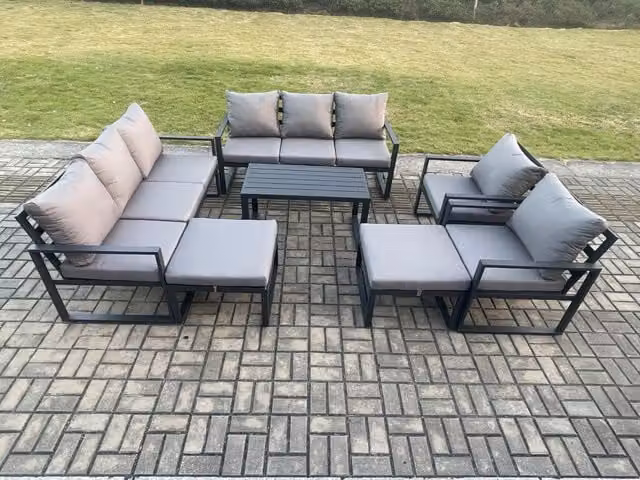 Fimous Aluminium Outdoor Garden Furniture Set in Dark Grey with 3-Seater Sofa, Coffee Table and Ottomans