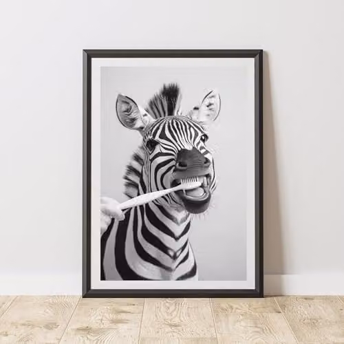 60 Second Makeover Zebra Brushing Teeth Animal Print Paper Poster, Black and White, A3