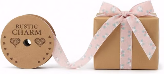 Kingsbury Gifts Vintage Elegance Linen Look Floral Ribbon, Light Pink, W: 25 mm, L: 10 m