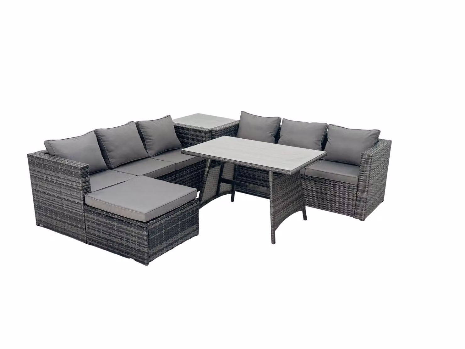 Fimous 7 Seater Rattan Garden Dining Set with Sofa, Dining Table, Footstool and Side Table in Dark Grey – 2
