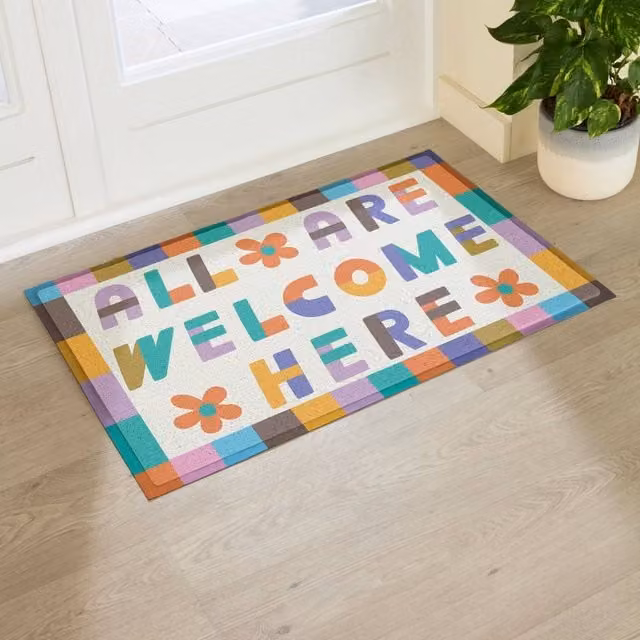 Artsy Mats Elizabeth Olwen All Are Welcome Here Indoor/Outdoor Doormat, Beige and Multicolour, W: 90 cm, D: 60 cm
