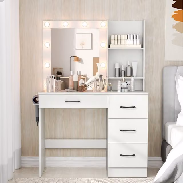COSTWAY Modern White Hollywood LED Dressing Table with Charging Station