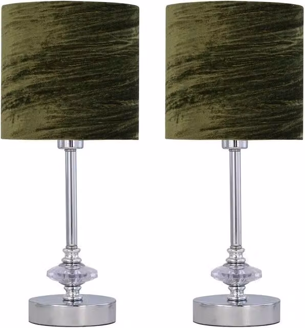 First Choice Lighting Set of 2 Chrome Jewelled Table Lamps with Green Crushed Velvet Shades