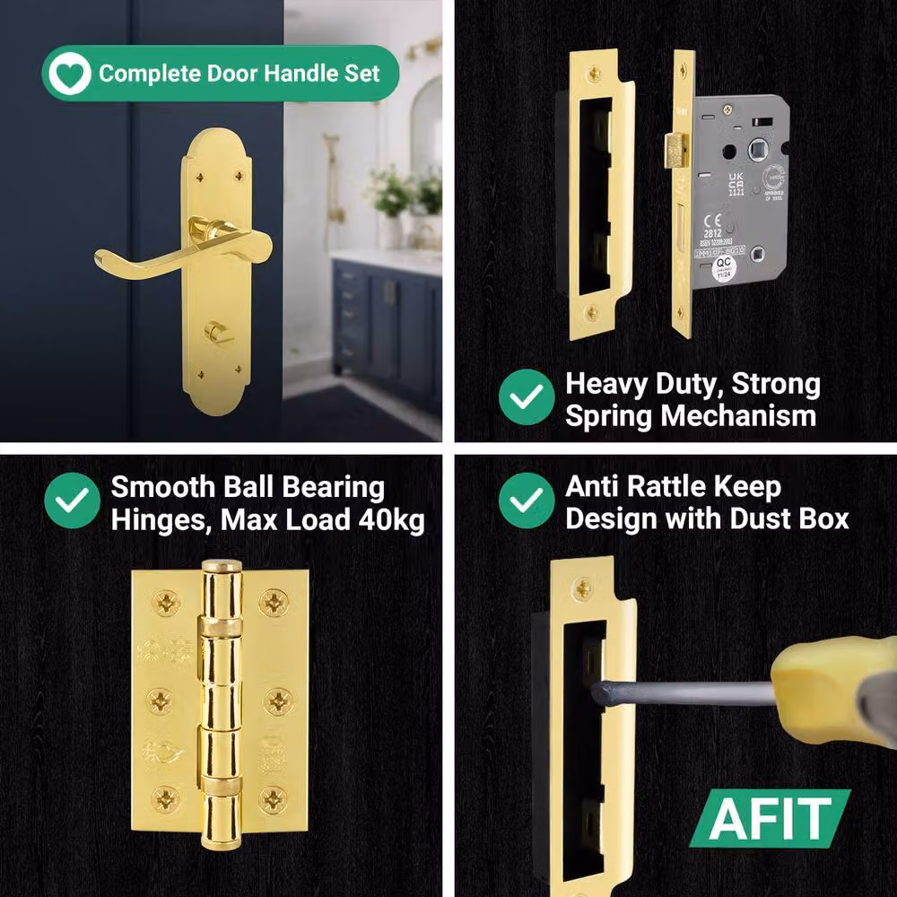 AFIT Polished Brass Bathroom Door Handle Set with Gold Backplates, 1 Pair – 2