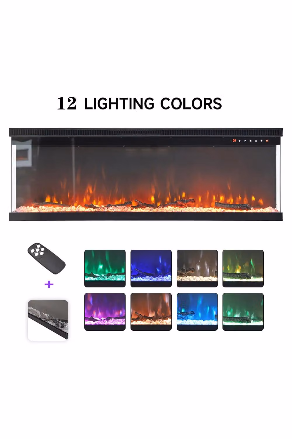 Living and Home 60 Inch 3-Sided Electric Fireplace Heater with Remote Control and LED Flame Effect in Black – 3