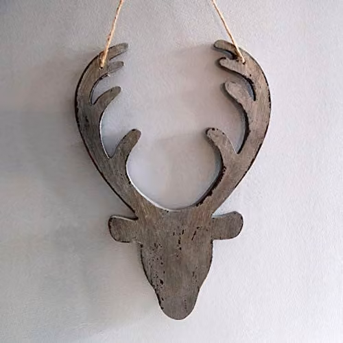 Shatchi Silver Wooden Hanging Reindeer Head Christmas Wall Decoration, 26 cm