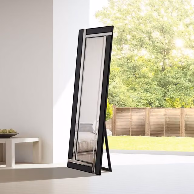 MirrorOutlet Aston Black All Glass Cheval Mirror, Black, H 150 x W 40 x D 40 cm