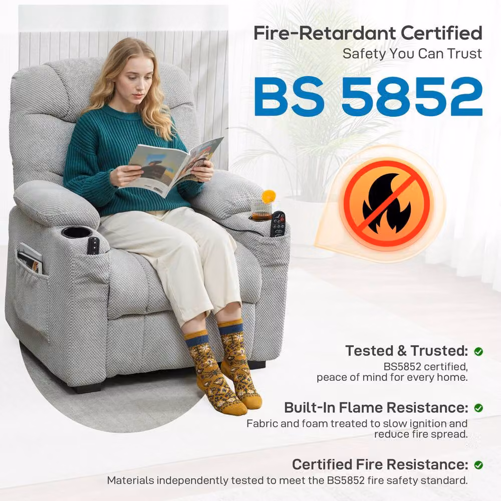 STILVORA Grey Fabric Recliner Armchair with Massage, Heat and USB Charging Port – 3