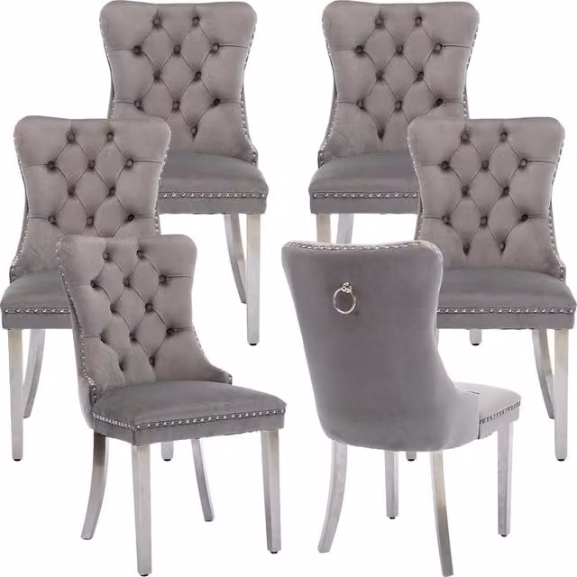 HomeTouch Winchester Set of 6 Grey Velvet Upholstered Kitchen Dining Chairs with Silver Chrome Legs
